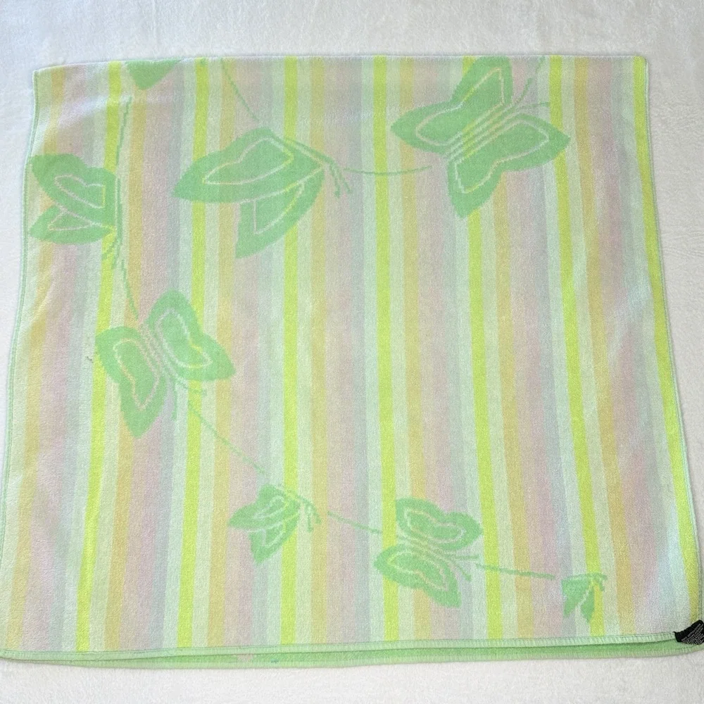 VTG Eaton Butterfly Bath Towel Pastel Green Pink Yellow Striped Y2K Cottagecore